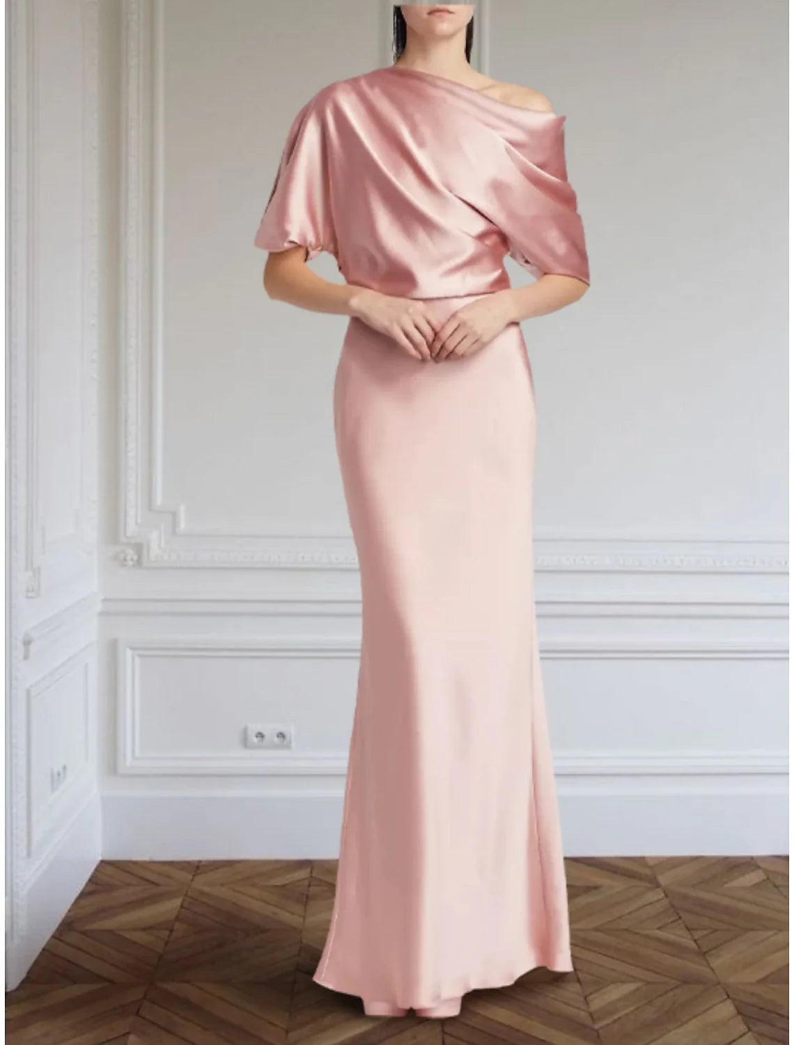 Sheath / Column Formal Evening Gown Elegant Dress Formal Floor Length Half Sleeve Off Shoulder Satin with Pleats Ruched