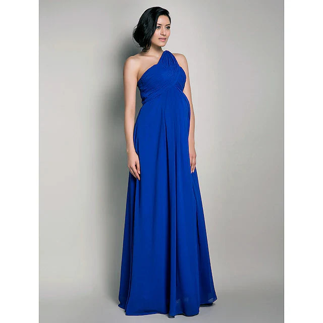 Sheath / Column Bridesmaid Dress One Shoulder Sleeveless Maternity Watteau Train / Floor Length Chiffon with Criss Cross / Draping
