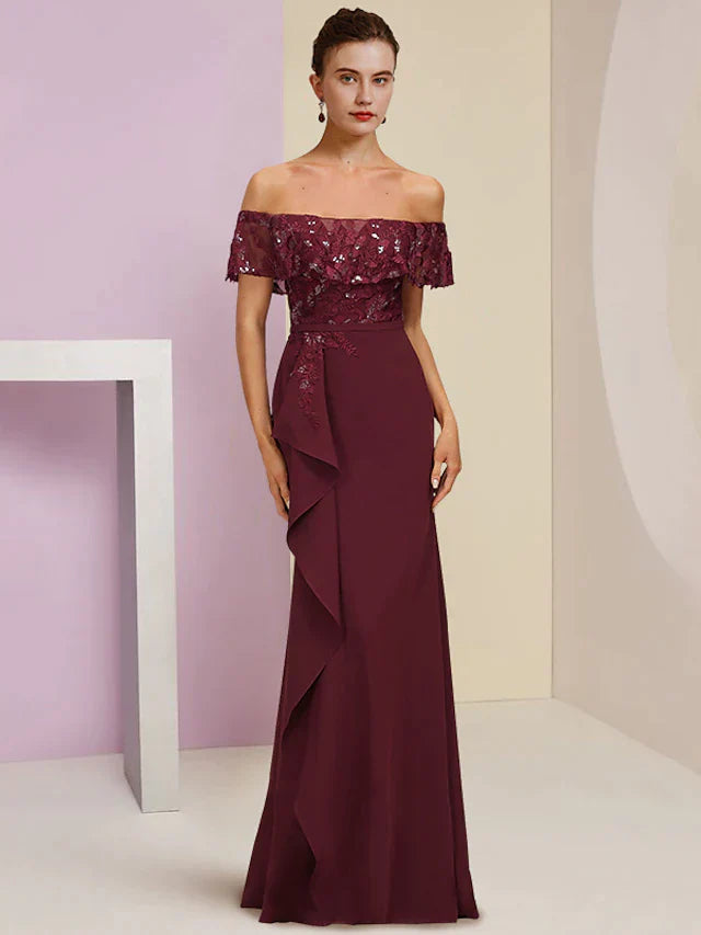 Sheath / Column Mother of the Bride Dress Wedding Guest Party Elegant Off Shoulder Floor Length Chiffon Lace Short Sleeve with Sequin Ruffles