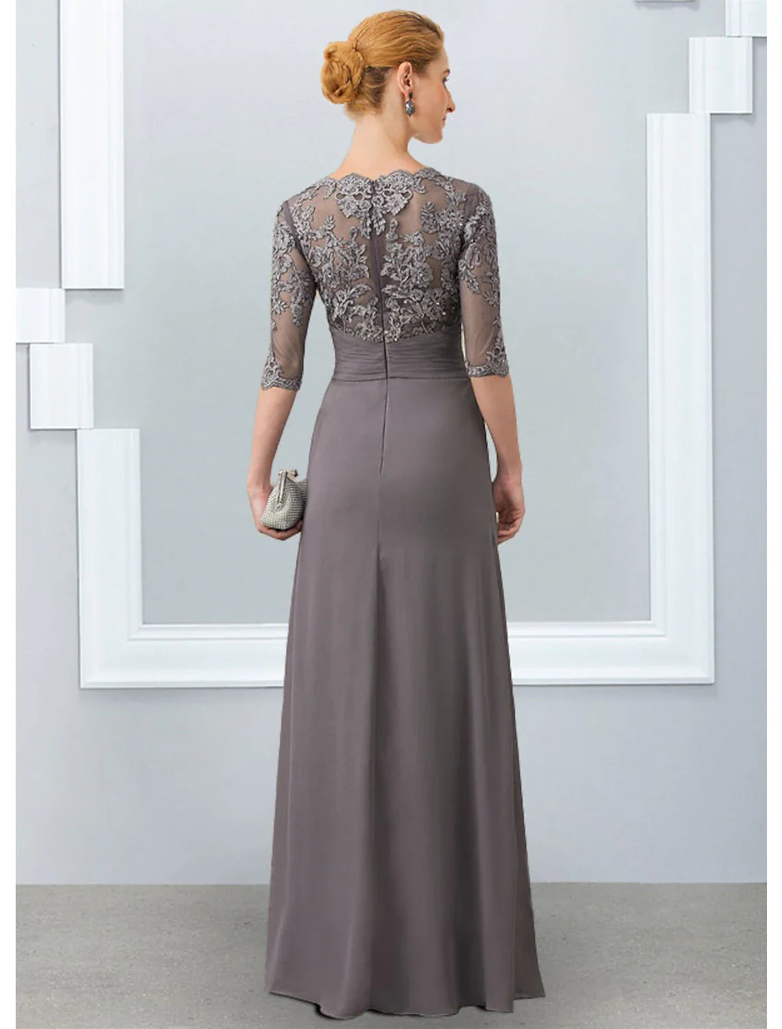 Aimishang  Sheath / Column Mother of the Bride Dress Elegant Jewel Neck Floor Length Chiffon Lace 3/4 Length Sleeve with Appliques