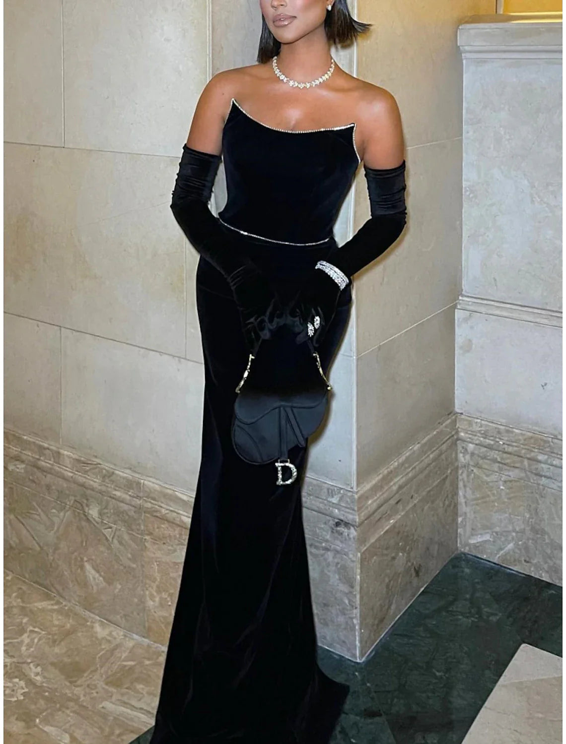 Mermaid Black Dress Plus Size Evening Gown Elegant Dress Formal Sweep / Brush Train Sleeveless Strapless Velvet with Ruched Sequin 2025