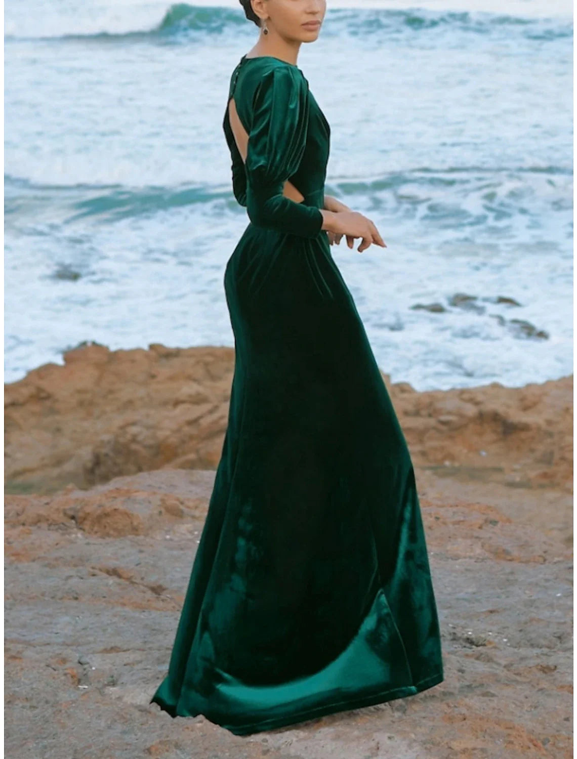 A-Line Evening Gown Elegant Dress Formal Fall Floor Length Long Sleeve Jewel Neck Velvet with Ruched