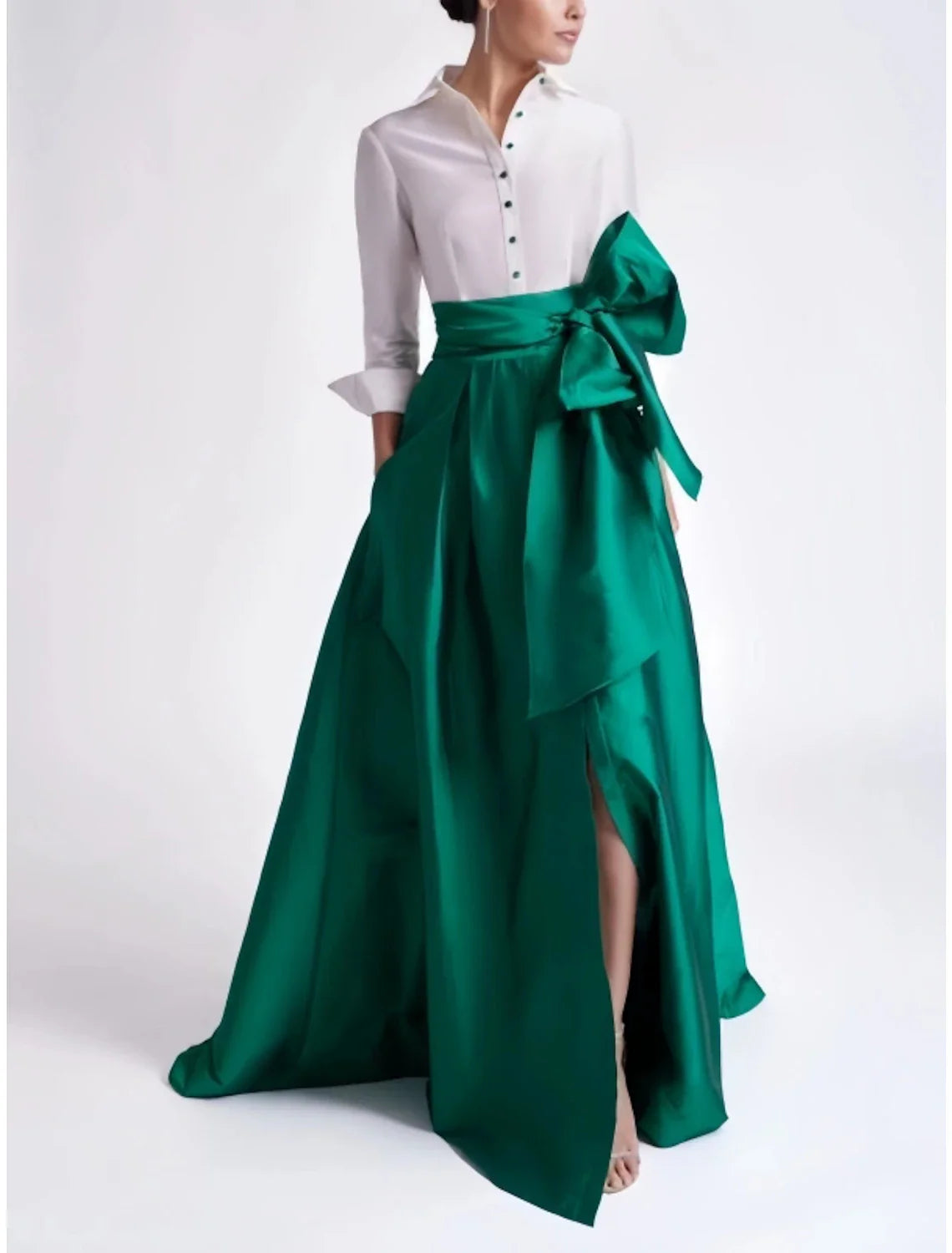 Aimishang A-Line Evening Gown Elegant Red Green Dress Formal Wedding Guest Sweep / Brush Train 3/4 Length Sleeve Shirt Collar Satin with Bow(s)