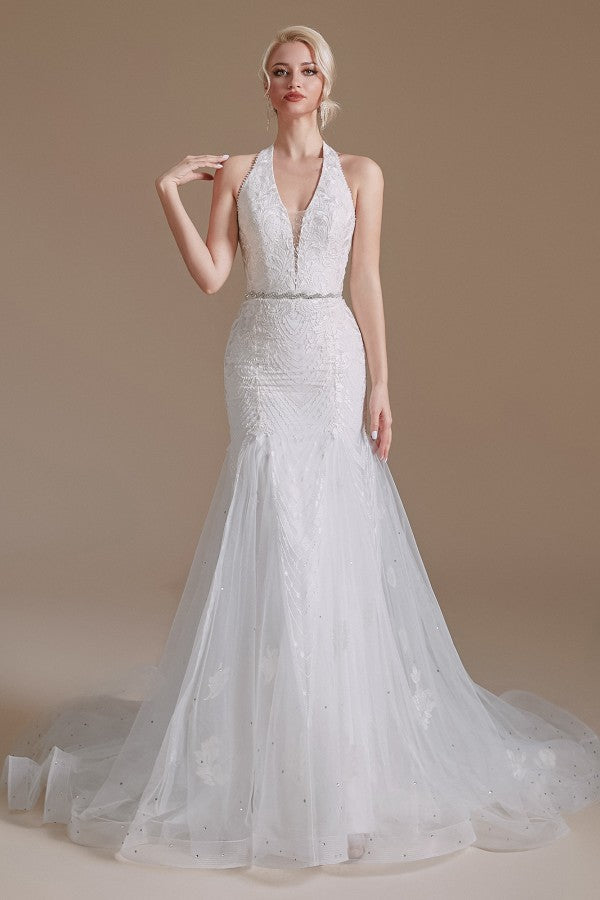 Modern Long Tulle Wedding Dress with Halter and Lace Appliques