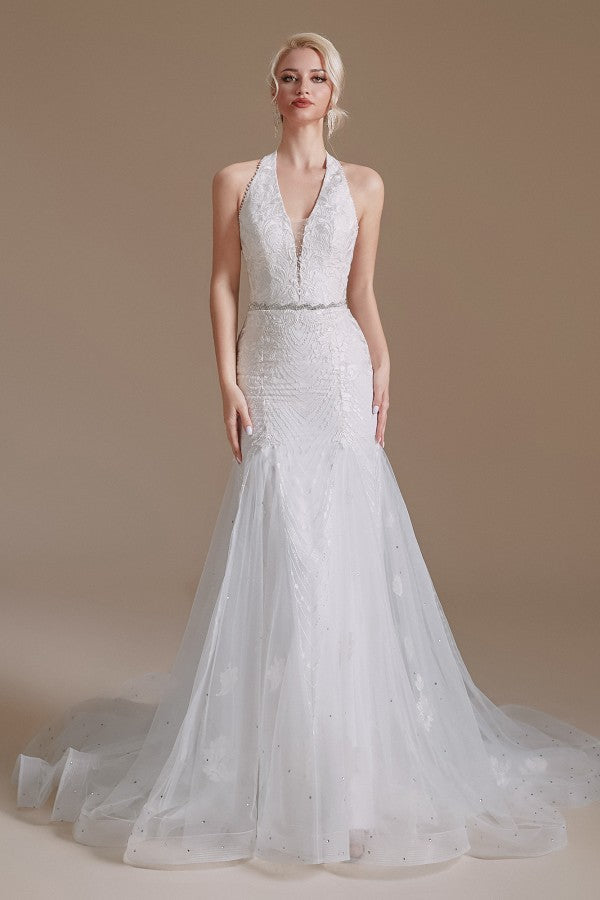Modern Long Tulle Wedding Dress with Halter and Lace Appliques
