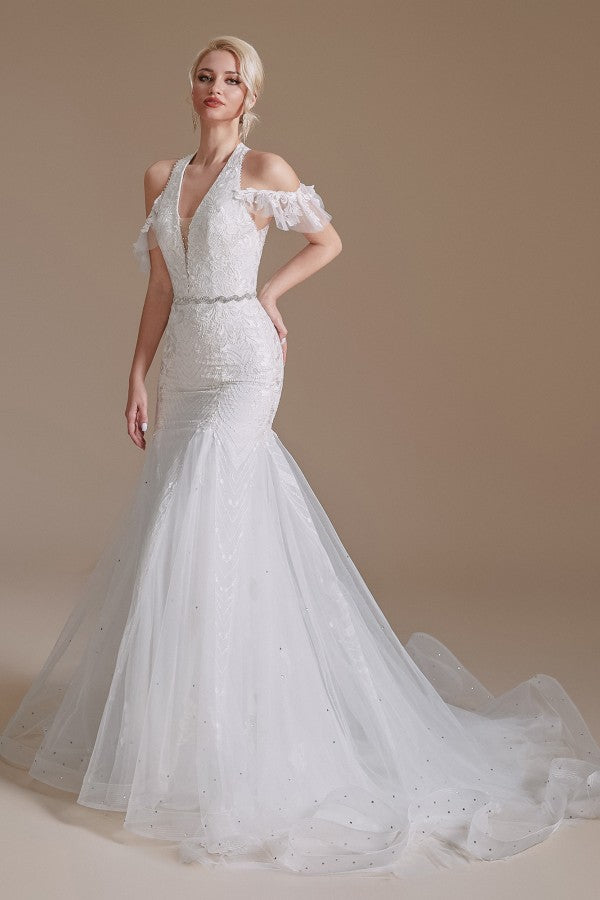 Modern Long Tulle Wedding Dress with Halter and Lace Appliques