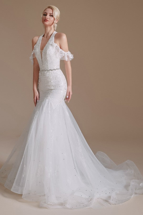 Modern Long Tulle Wedding Dress with Halter and Lace Appliques