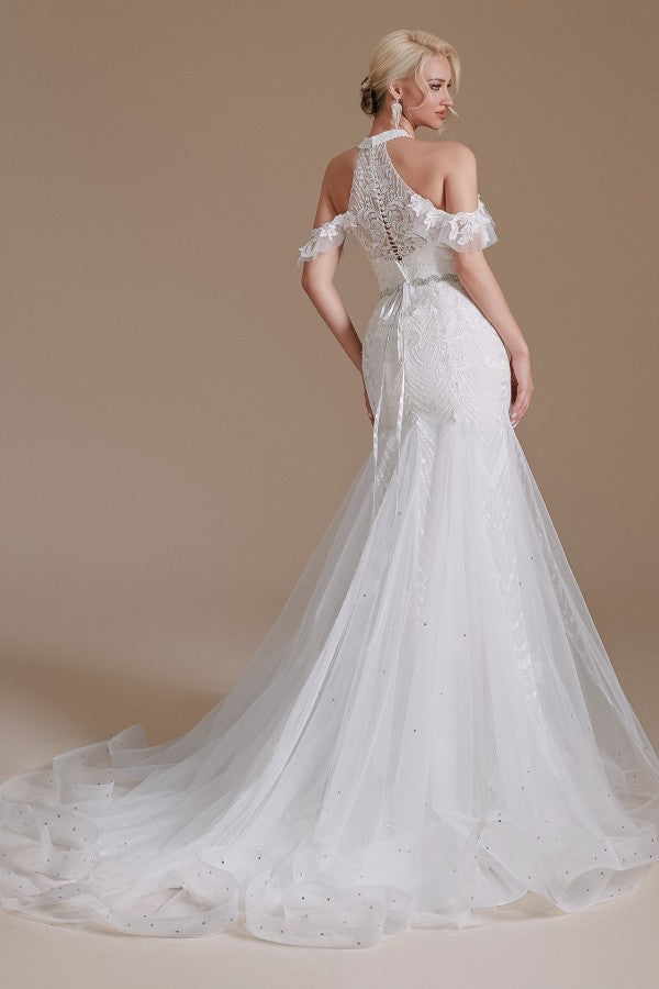 Modern Long Tulle Wedding Dress with Halter and Lace Appliques