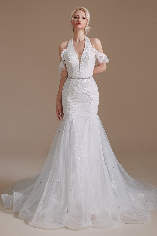 Modern Long Tulle Wedding Dress with Halter and Lace Appliques