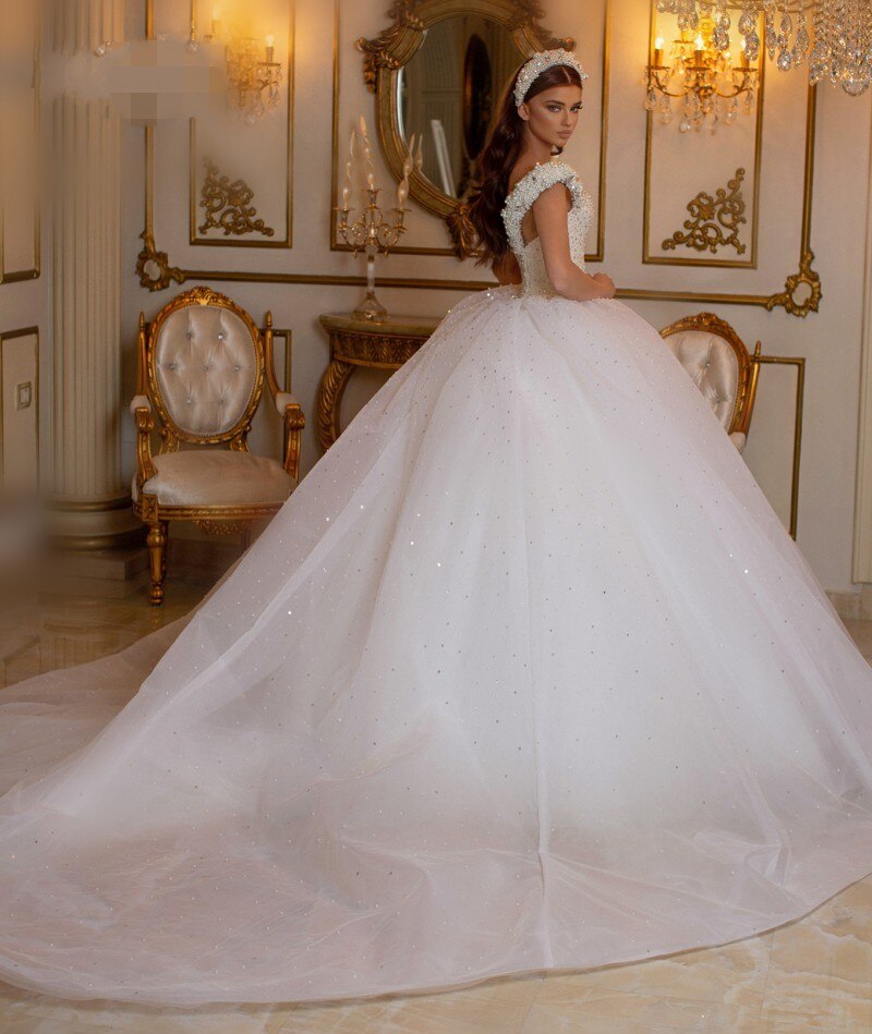 Modern Off-the-Shoulder Beading Wedding Dress with Pearls Tulle