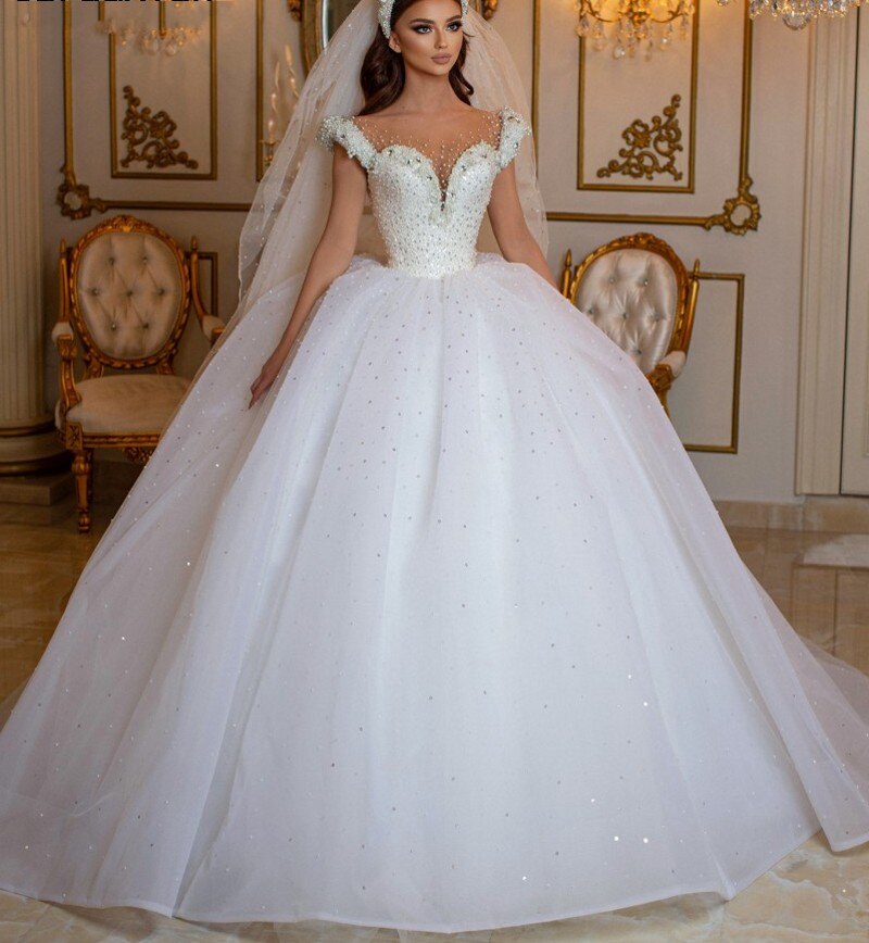Modern Off-the-Shoulder Beading Wedding Dress with Pearls Tulle