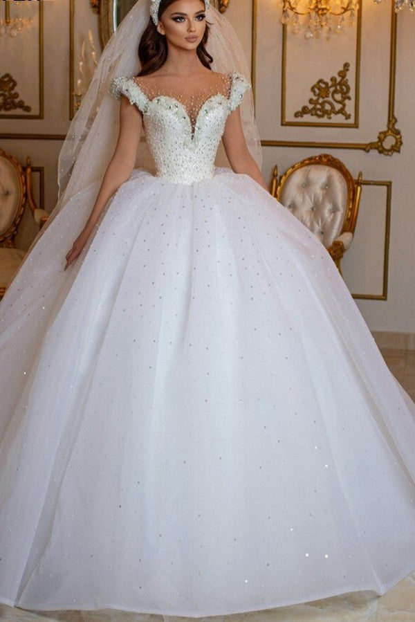Modern Off-the-Shoulder Beading Wedding Dress with Pearls Tulle