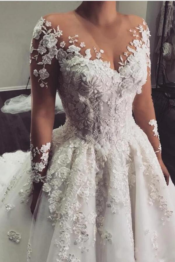 Modern Scoop Long Sleeve Wedding Dress with Lace Appliques