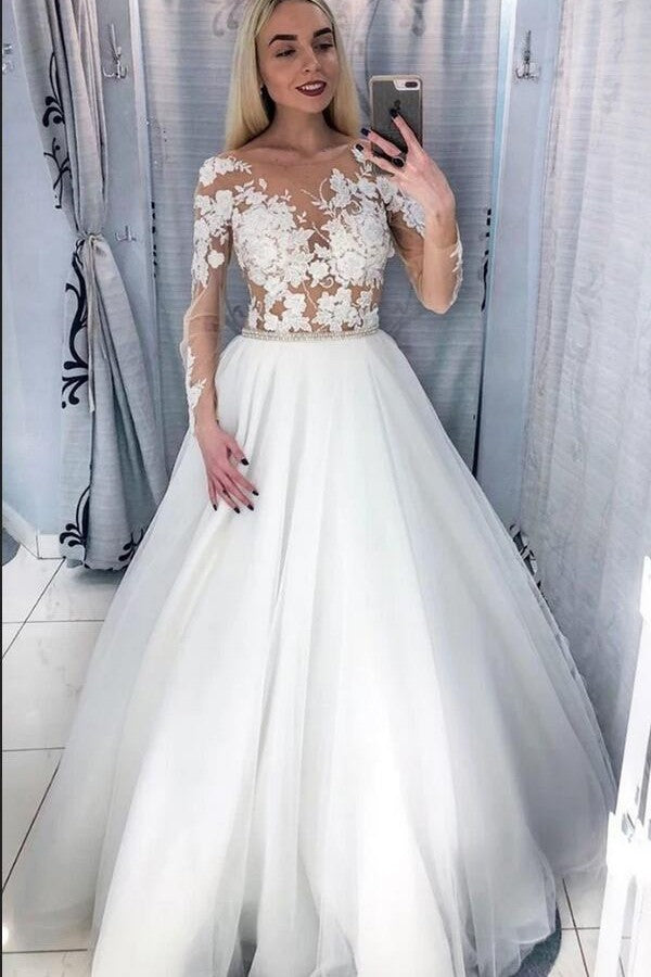 Modern Scoop Long Sleeves Wedding Dress with Lace Appliques and Tulle