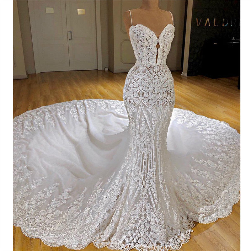 Modern Spaghetti-Straps Lace Mermaid Wedding Dress With Train Appliques