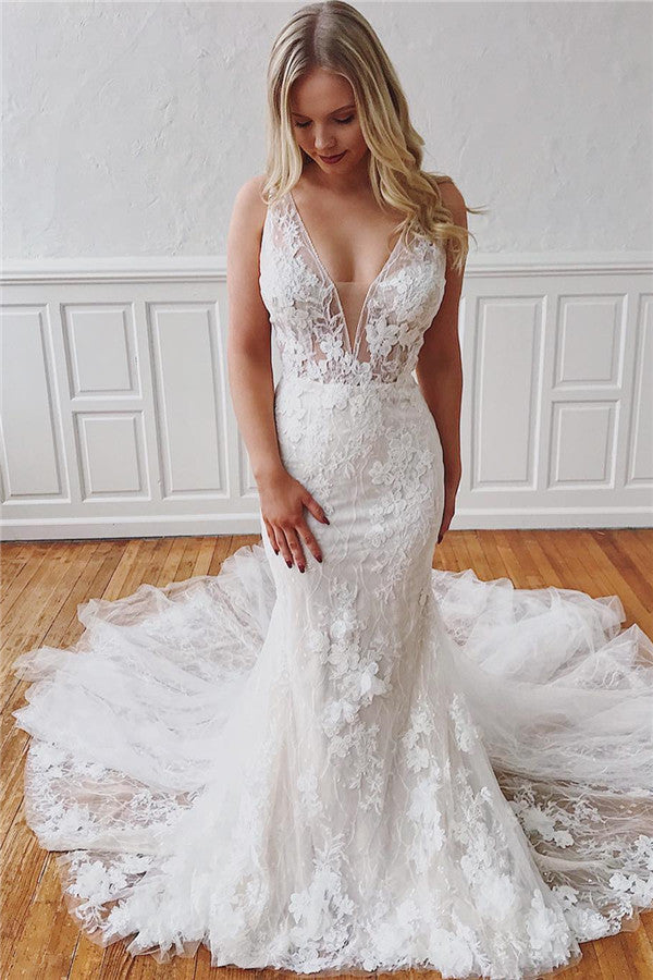 Modern Straps V-Neck Mermaid Detachable Wedding Dress with Lace