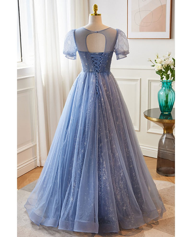 Unique and beautiful sky blue low round neck short sleeved beaded sequin ball dress with sky blue A-line/princess backless strap and ground length evening dress