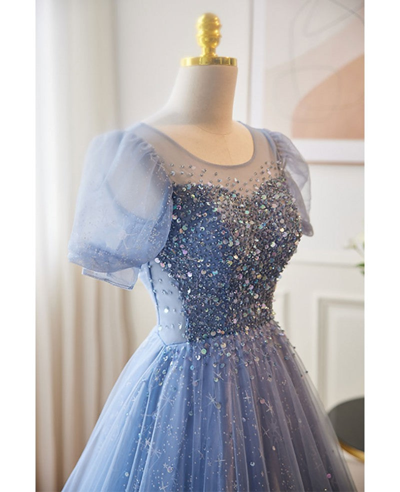 Unique and beautiful sky blue low round neck short sleeved beaded sequin ball dress with sky blue A-line/princess backless strap and ground length evening dress