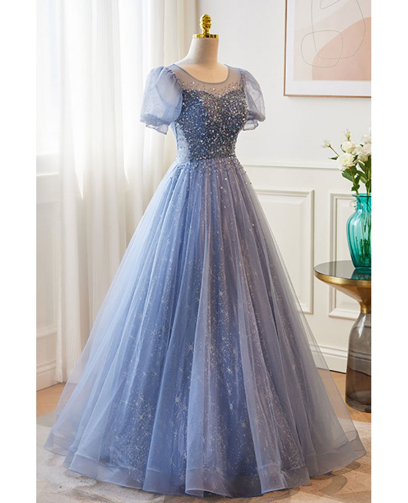 Unique and beautiful sky blue low round neck short sleeved beaded sequin ball dress with sky blue A-line/princess backless strap and ground length evening dress