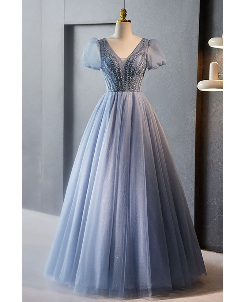 Unique and beautiful sky blue beaded rhinestone fluffy short sleeved ball dress with sky blue A-shaped princess V-neck backless strap and ground length evening dress