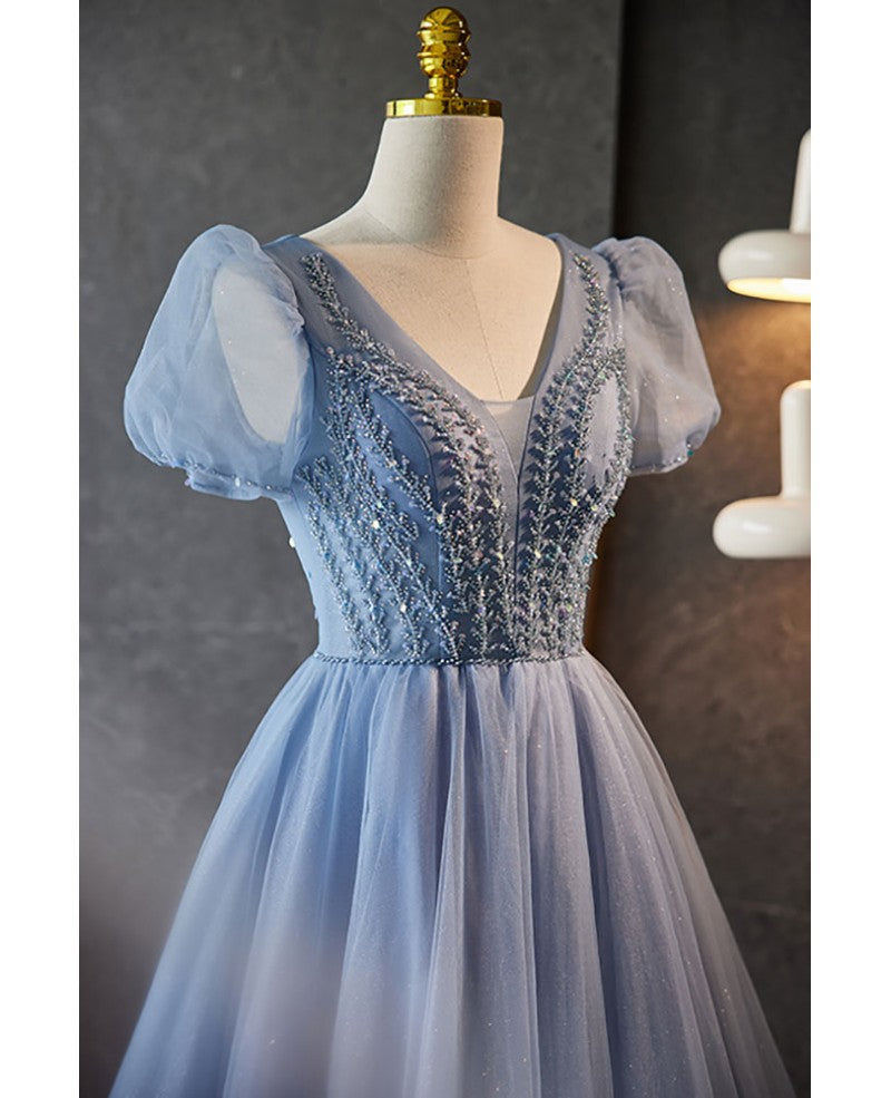 Unique and beautiful sky blue beaded rhinestone fluffy short sleeved ball dress with sky blue A-shaped princess V-neck backless strap and ground length evening dress