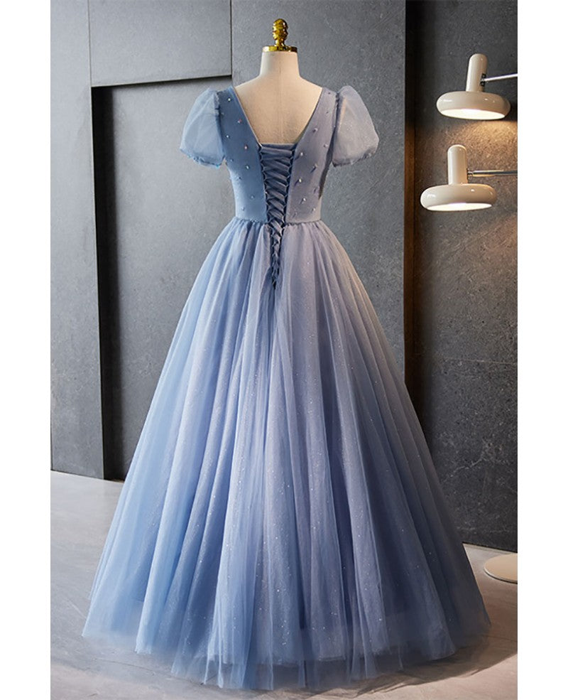 Unique and beautiful sky blue beaded rhinestone fluffy short sleeved ball dress with sky blue A-shaped princess V-neck backless strap and ground length evening dress