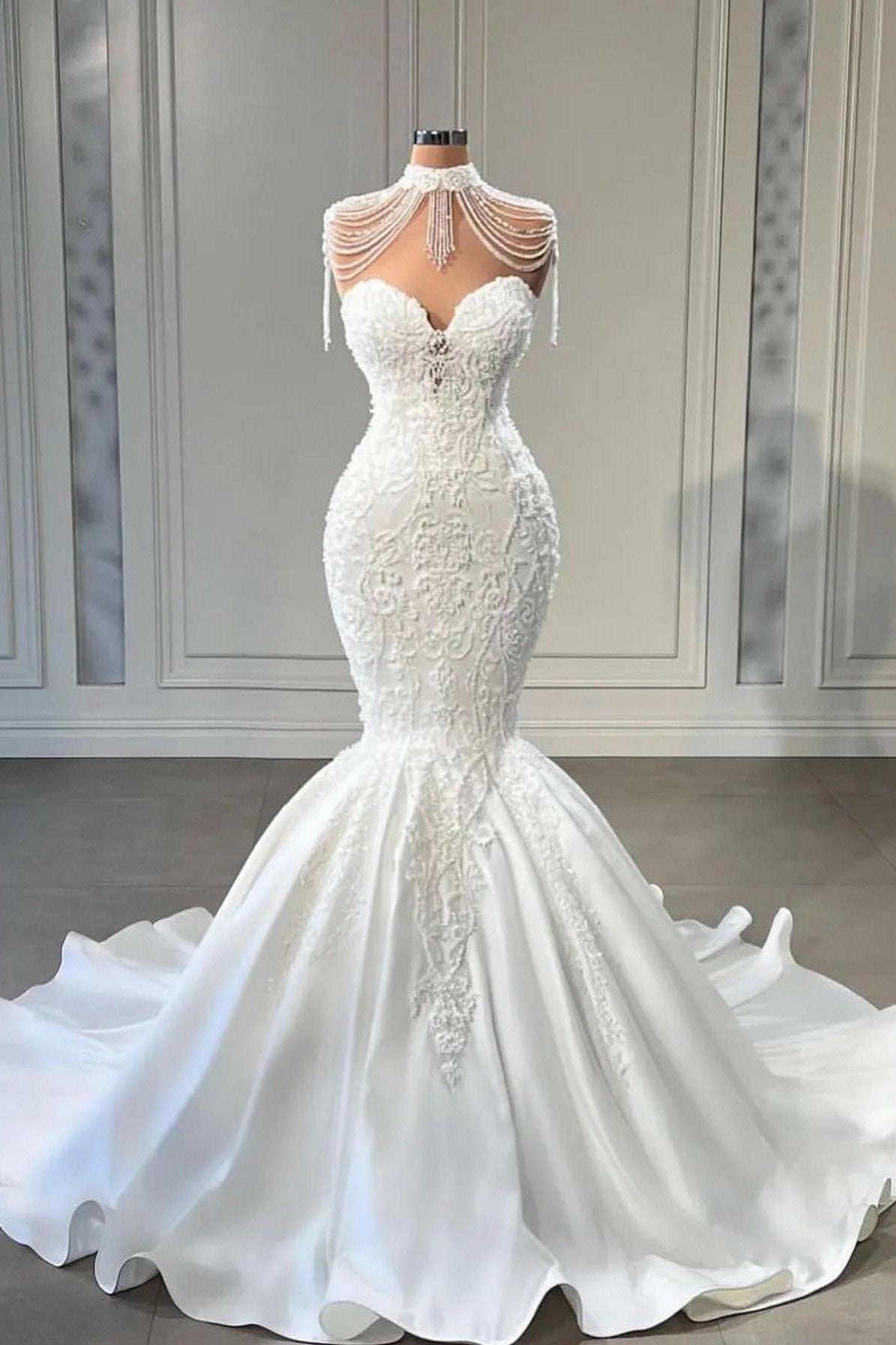 Modest Long Mermaid Sweetheart Pearl Wedding Dress With Lace