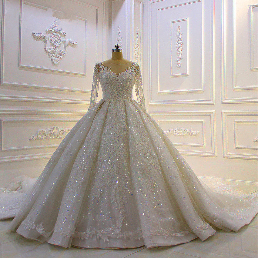 Modest Sleeves Ball Gown Wedding Dress With Lace Appliques and Beading