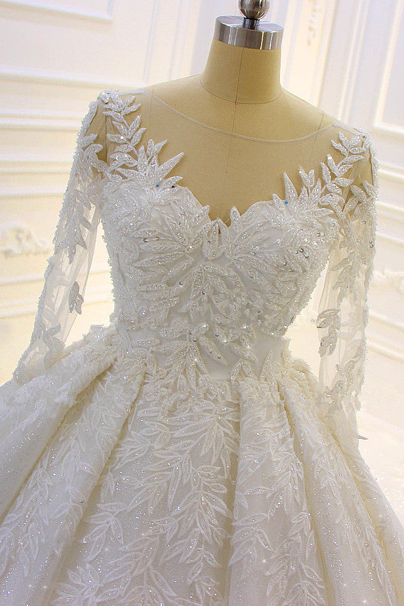 Modest Sleeves Ball Gown Wedding Dress With Lace Appliques and Beading