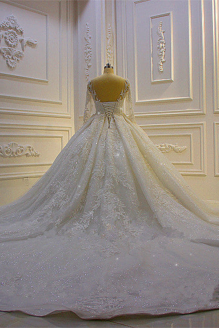 Modest Sleeves Ball Gown Wedding Dress With Lace Appliques and Beading
