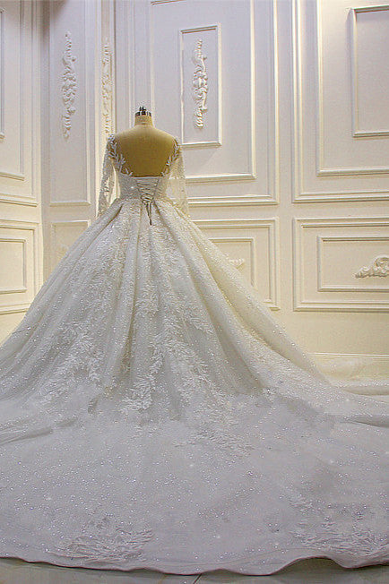 Modest Sleeves Ball Gown Wedding Dress With Lace Appliques and Beading