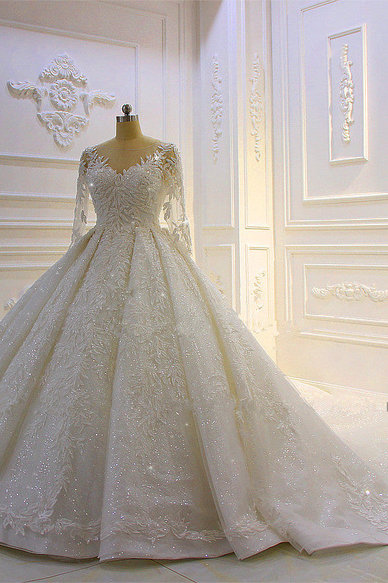 Modest Sleeves Ball Gown Wedding Dress With Lace Appliques and Beading