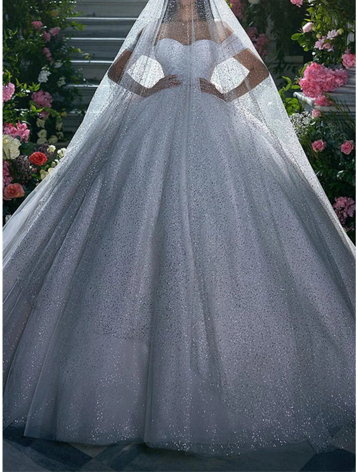 Aimishang Engagement Sparkle & Shine Formal Wedding Dresses Ball Gown Off Shoulder Cap Sleeve Chapel Train Sequined Bridal Gowns With Solid Color