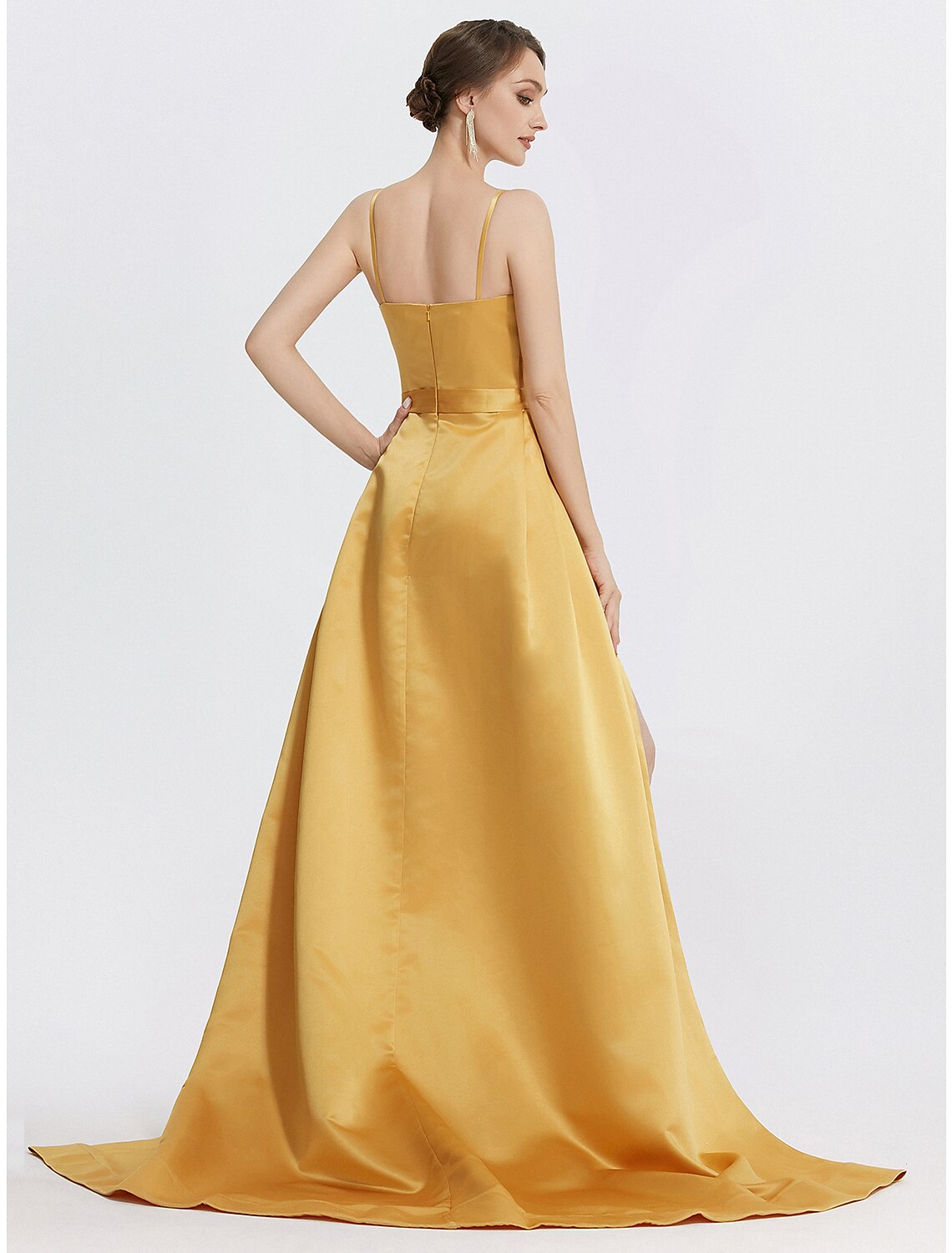 Aimishang A-Line Evening Gown Sparkle Dress Wedding Prom Sweep / Brush Train Sleeveless Spaghetti Strap Satin with Rhinestone Ruched