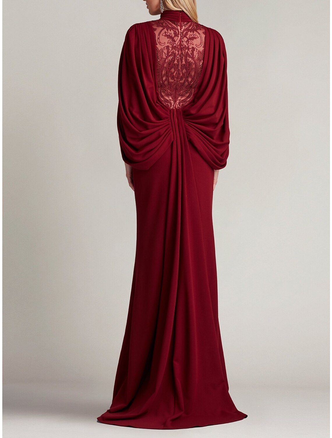 Mermaid / Trumpet Evening Gown Elegant Formal Dress Formal Sweep / Brush Train Long Sleeve High Neck Lace with Pleats Ruched