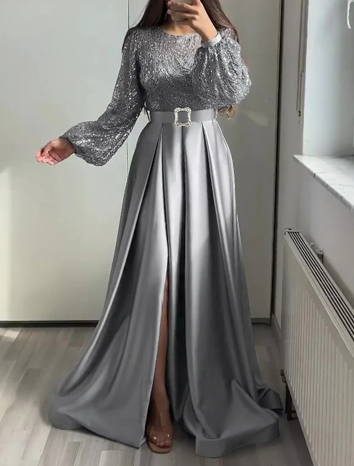 Aimishang A-Line Evening Gown Elegant Dress Wedding Black Tie Floor Length Long Sleeve Jewel Neck Fall Wedding Guest Satin with Sequin