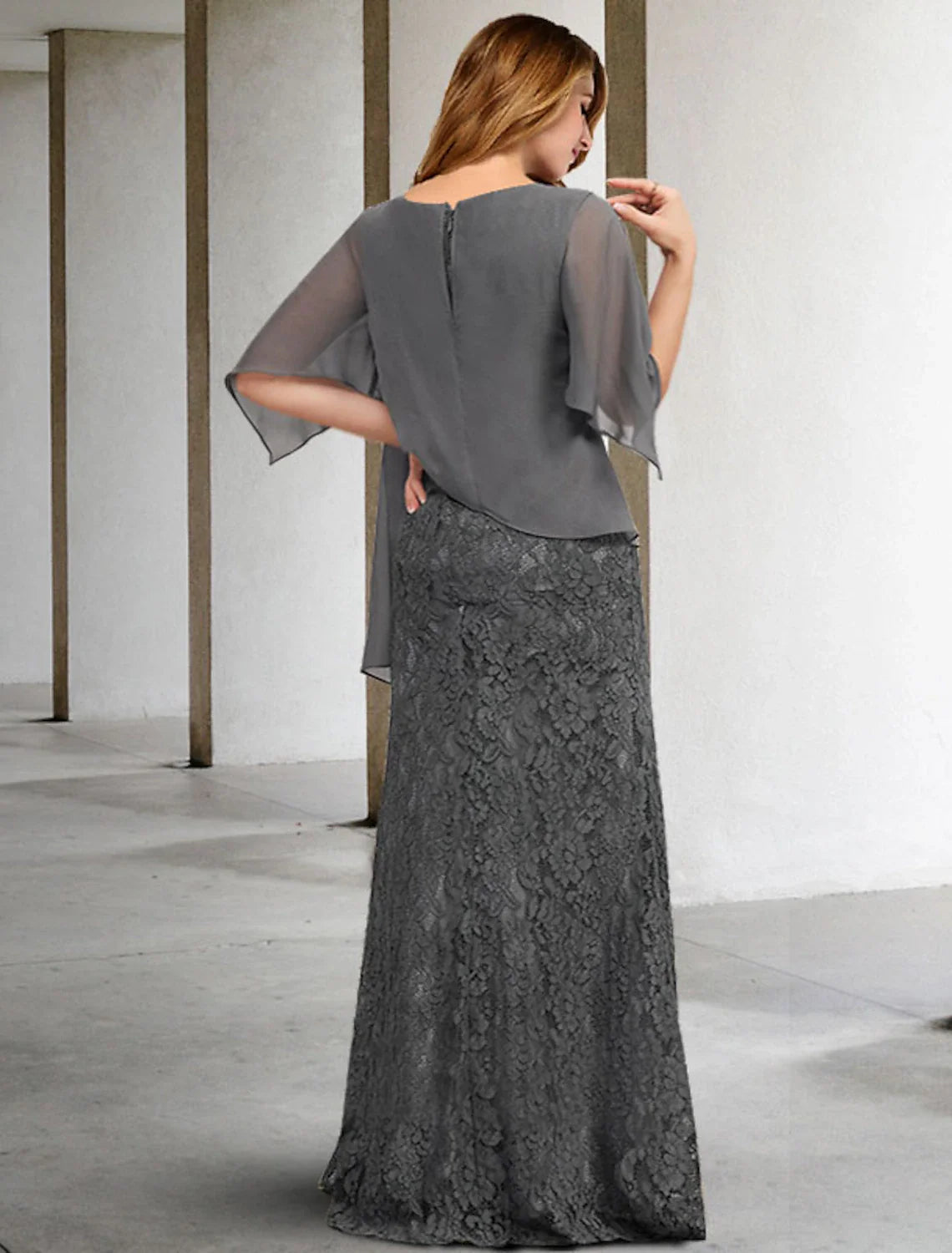 Aimishang  Sheath / Column Mother of the Bride Dresses Plus Size Hide Belly Curve Elegant Dress Formal Floor Length Half Sleeve Jewel Neck Chiffon with Splicing