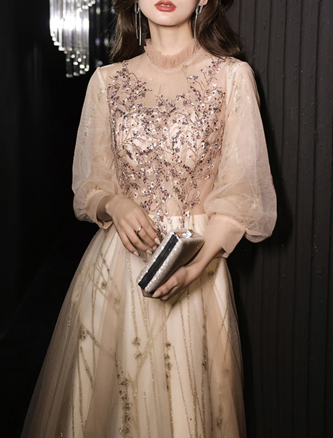 A-Line Prom Dresses Glittering Dress Wedding Guest Prom Floor Length Long Sleeve High Neck Tulle with Beading Appliques 2025