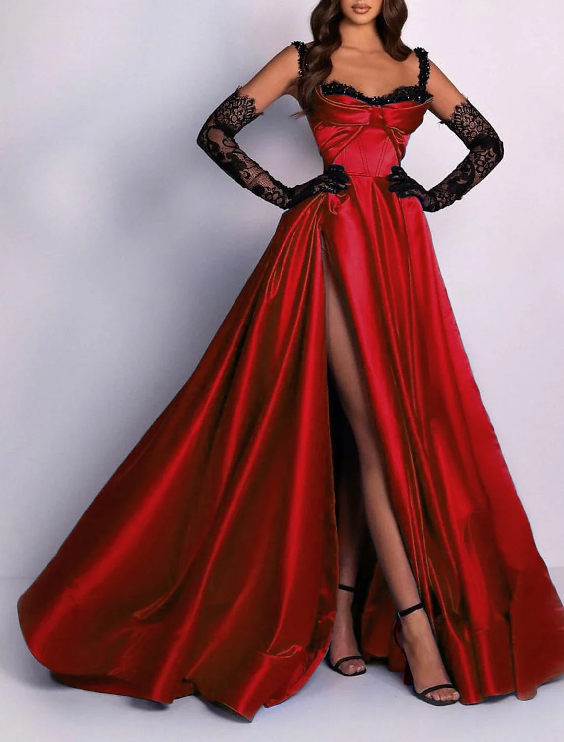 A-Line Evening Gown 1920s Black Dress Formal Masquerade Court Train Sleeveless Spaghetti Strap Satin with Slit