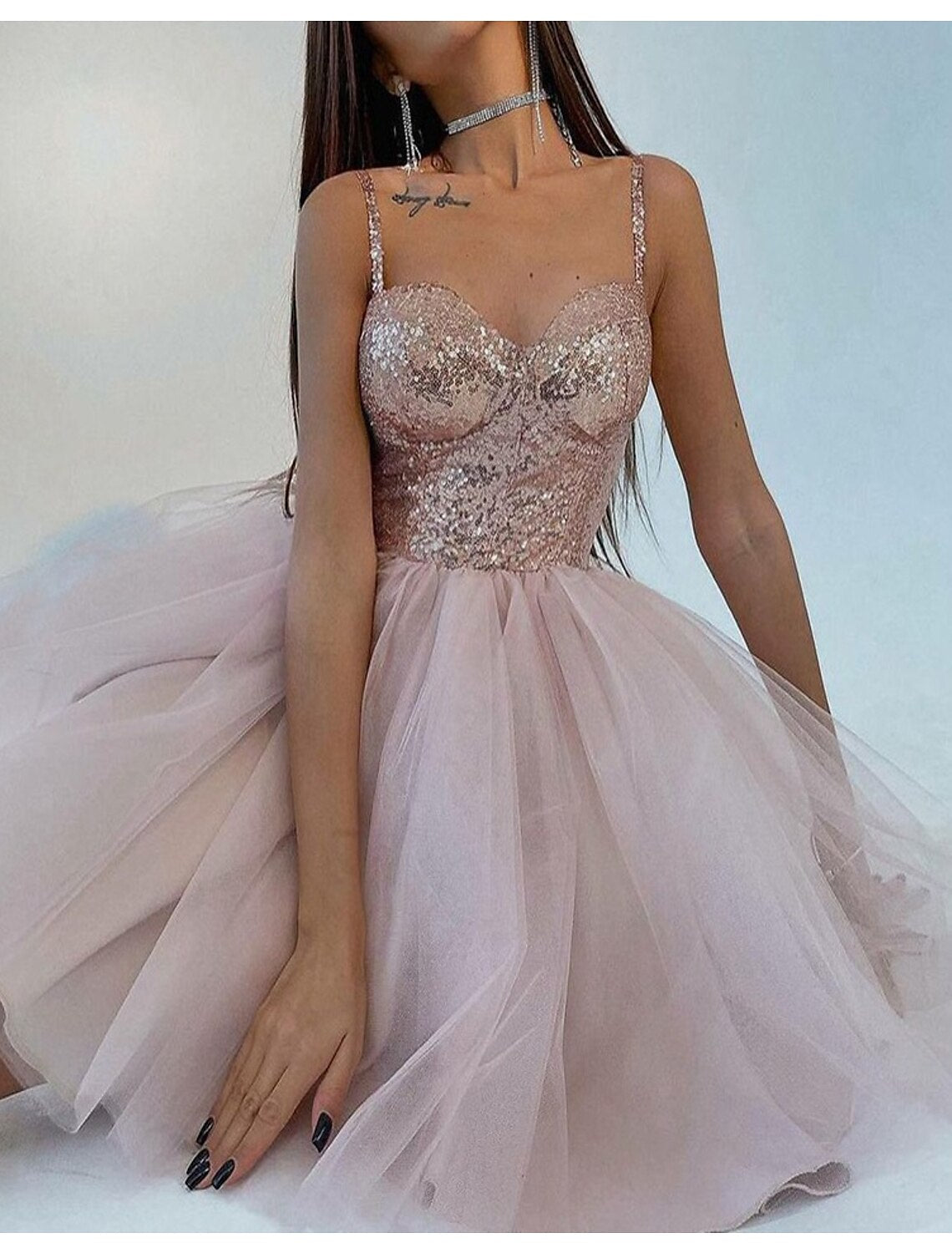 Ball Gown A-Line Sparkle & Shine Puffy Cocktail Party Prom Dress Spaghetti Strap Short Sleeve Knee Length Tulle with Sequin Tier 2025