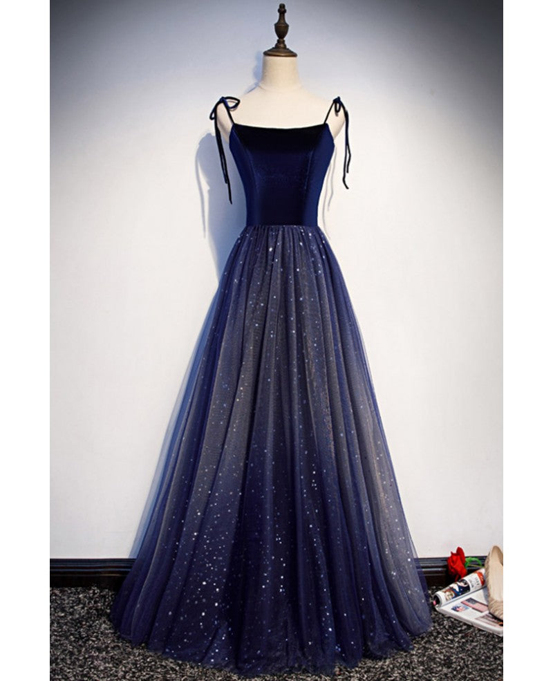 Shining navy blue suede fine shoulder strap sleeveless off shoulder evening dress with navy blue A-line princess sequin backless and ground length ruffled edge for evening dress