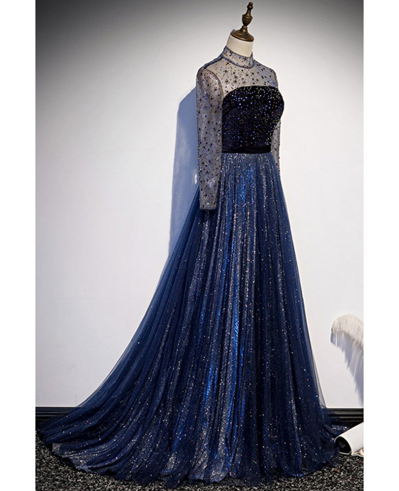 Noble Navy Blue Perspective High Neck Long sleeved Water Diamond Sequin Ball Dress Navy Blue A-line Princess Sparkling Backless Tulle Sweeping Tail Ruffle Edge Evening Dress