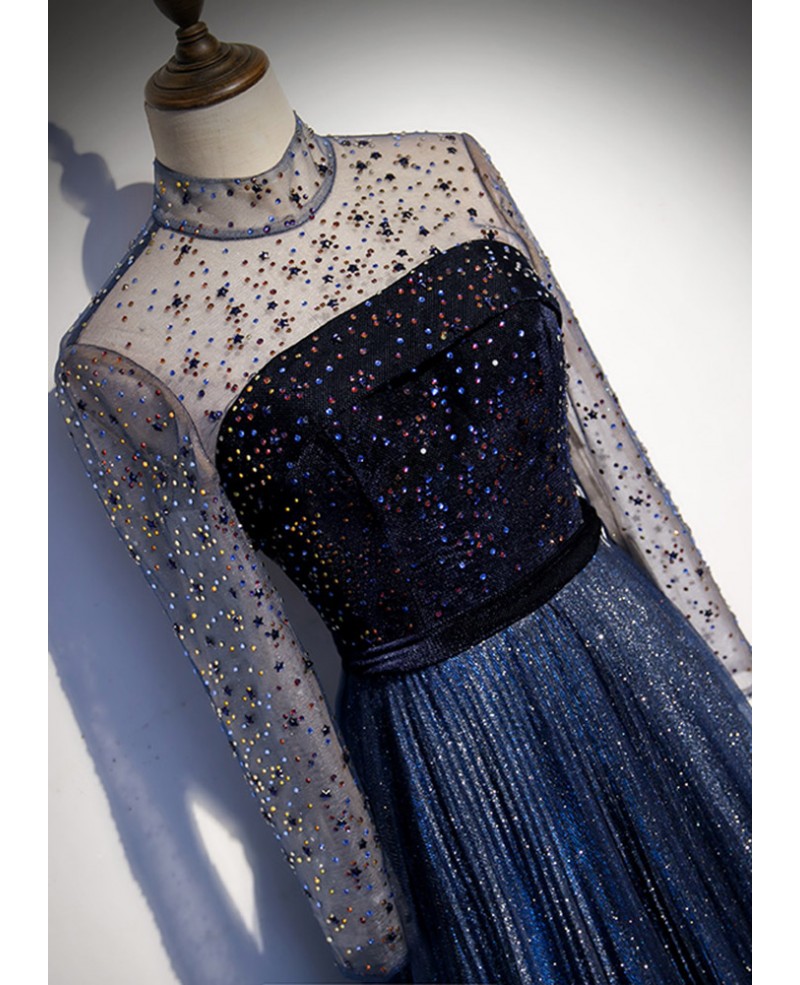 Noble Navy Blue Perspective High Neck Long sleeved Water Diamond Sequin Ball Dress Navy Blue A-line Princess Sparkling Backless Tulle Sweeping Tail Ruffle Edge Evening Dress