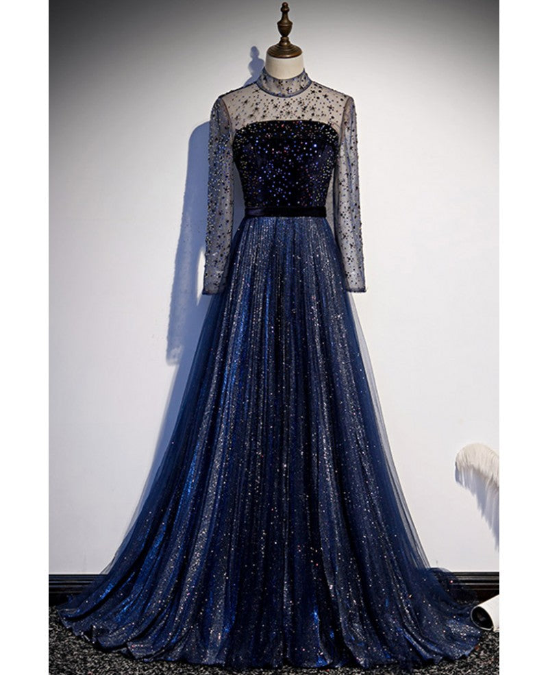 Noble Navy Blue Perspective High Neck Long sleeved Water Diamond Sequin Ball Dress Navy Blue A-line Princess Sparkling Backless Tulle Sweeping Tail Ruffle Edge Evening Dress