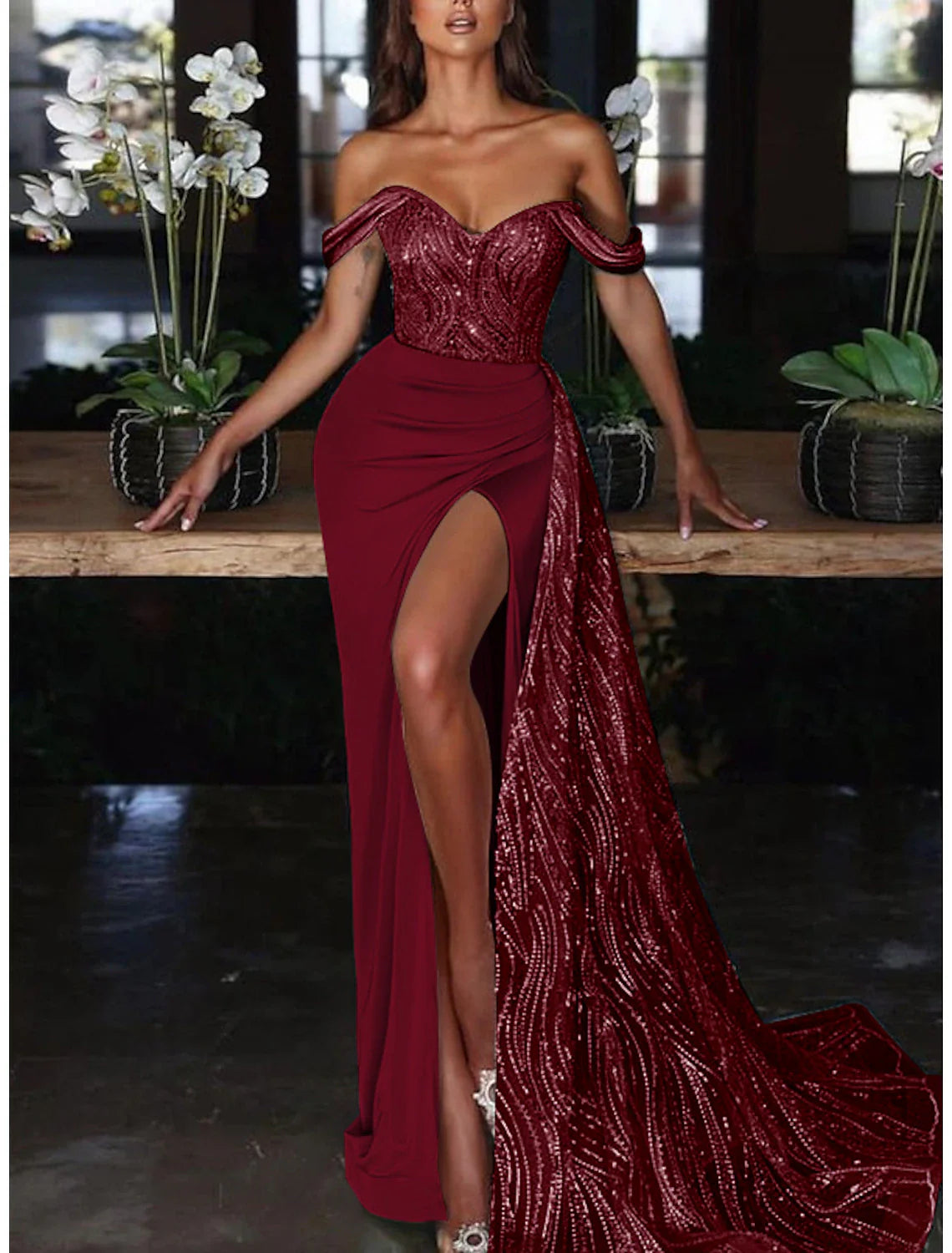 Mermaid Dress Evening Gown Red Green Dress Dress Formal Wedding Guest Court Train Sleeveless Off Shoulder Charmeuse with Ruched Sequin Slit