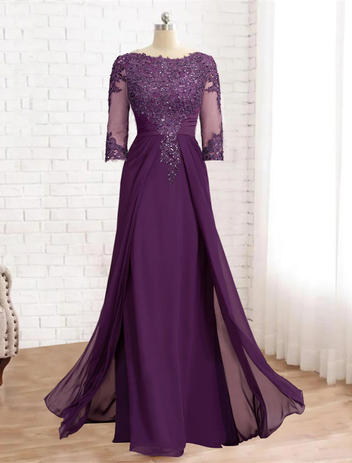 Sheath / Column Mother of the Bride Dress Formal Wedding Guest Elegant Sparkle & Shine Jewel Neck Asymmetrical Floor Length Chiffon Lace 3/4 Length Sleeve with Sequin Appliques