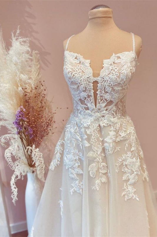 New Arrival Lace Wedding Dress with Spaghetti-Straps Tulle A Line