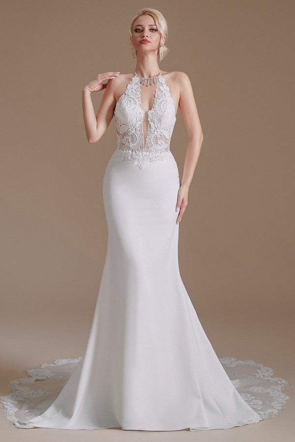 New Arrival Long Mermaid Backless Halter Wedding Dress with Lace Appliques