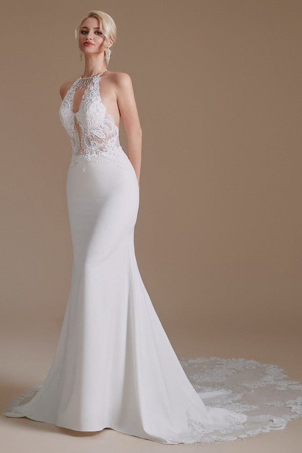 New Arrival Long Mermaid Backless Halter Wedding Dress with Lace Appliques