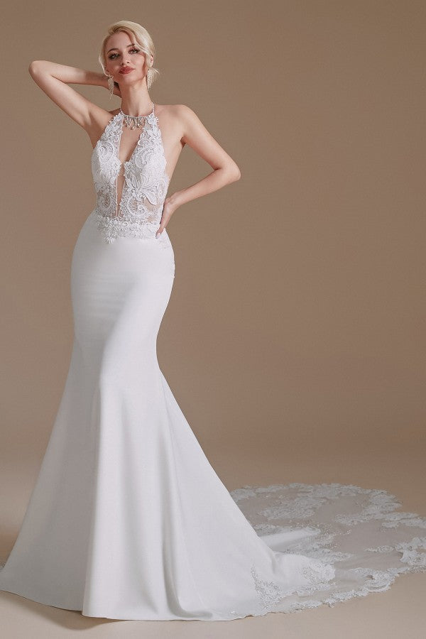 New Arrival Long Mermaid Backless Halter Wedding Dress with Lace Appliques